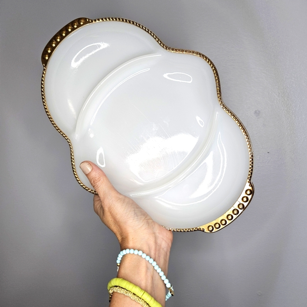 Vintage Fire King Oven Ware White Milk Glass Divided Dish Gold Beaded Edge